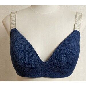 Women's VICTORIA'S SECRET Lightly Lined T-Shirt Blue Denim Print Bra 34DD